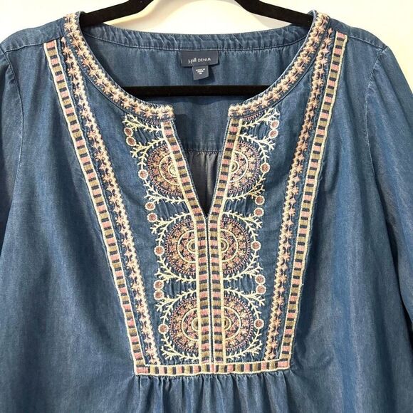 J.Jill DENIM size M embroidered yoke split neck cottagecore pocket dress - Picture 2 of 9
